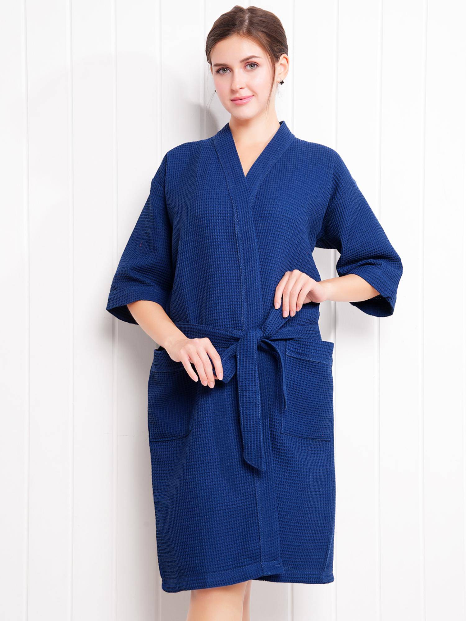 LacyLook Soft Breathable Premium Solid Waffle Cotton Bathrobe with Belt-Navy Blue
