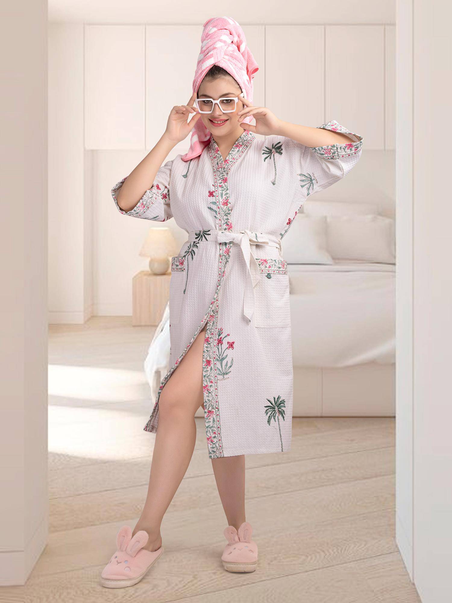 LacyLook Women's Premium Block Printed Waffle Cotton Bathrobe with Belt-White