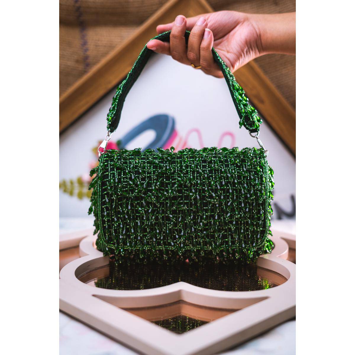 NR BY NIDHI RATHI Green Flap Clutch Bag with Detachable Strap
