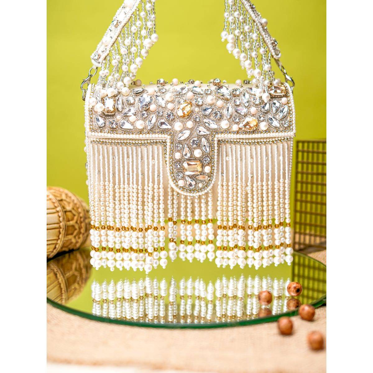 NR BY NIDHI RATHI Cream Tasseled Flap Clutch Bag with Detachable Strap
