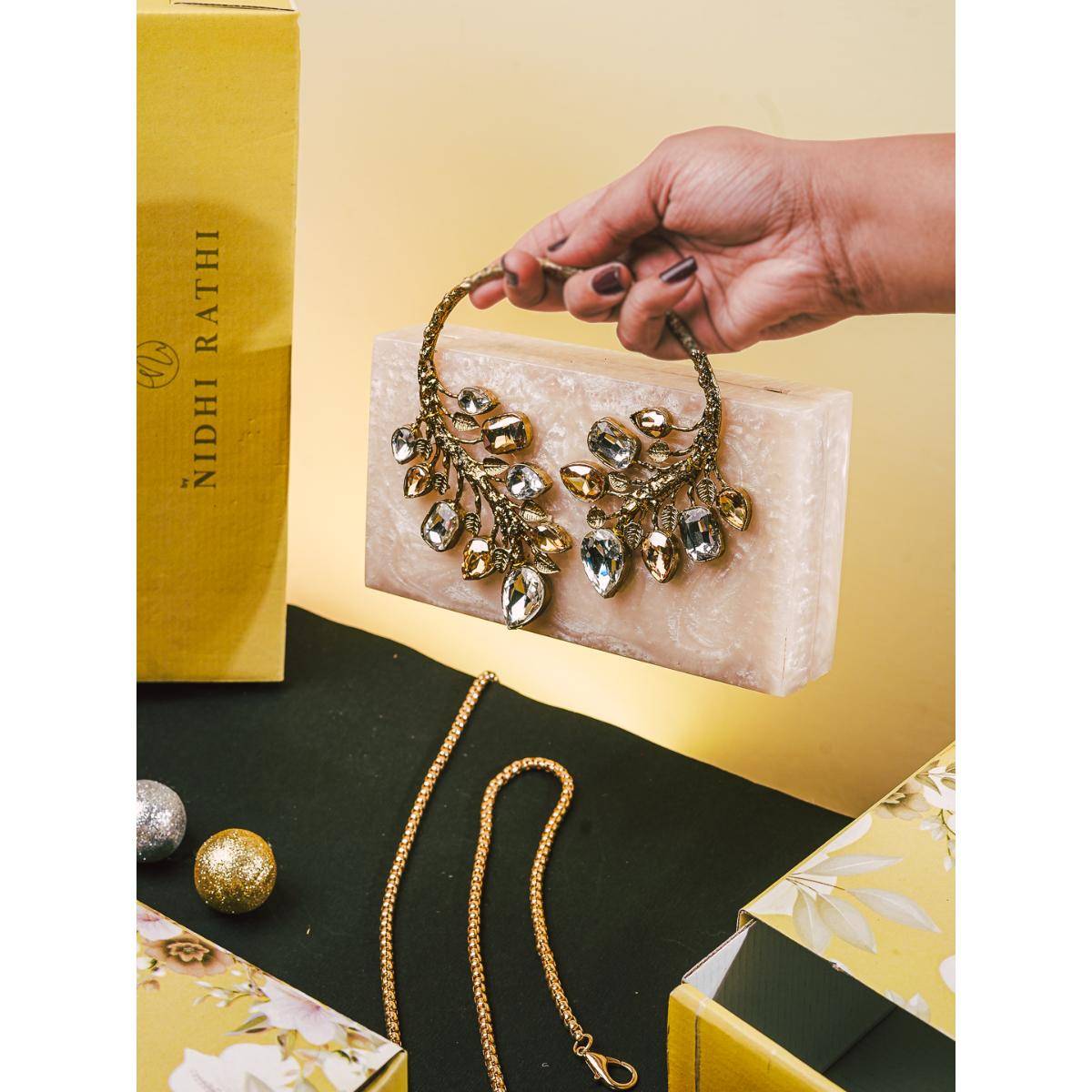 NR BY NIDHI RATHI Beige Resin Clutch Bag with Detachable Strap