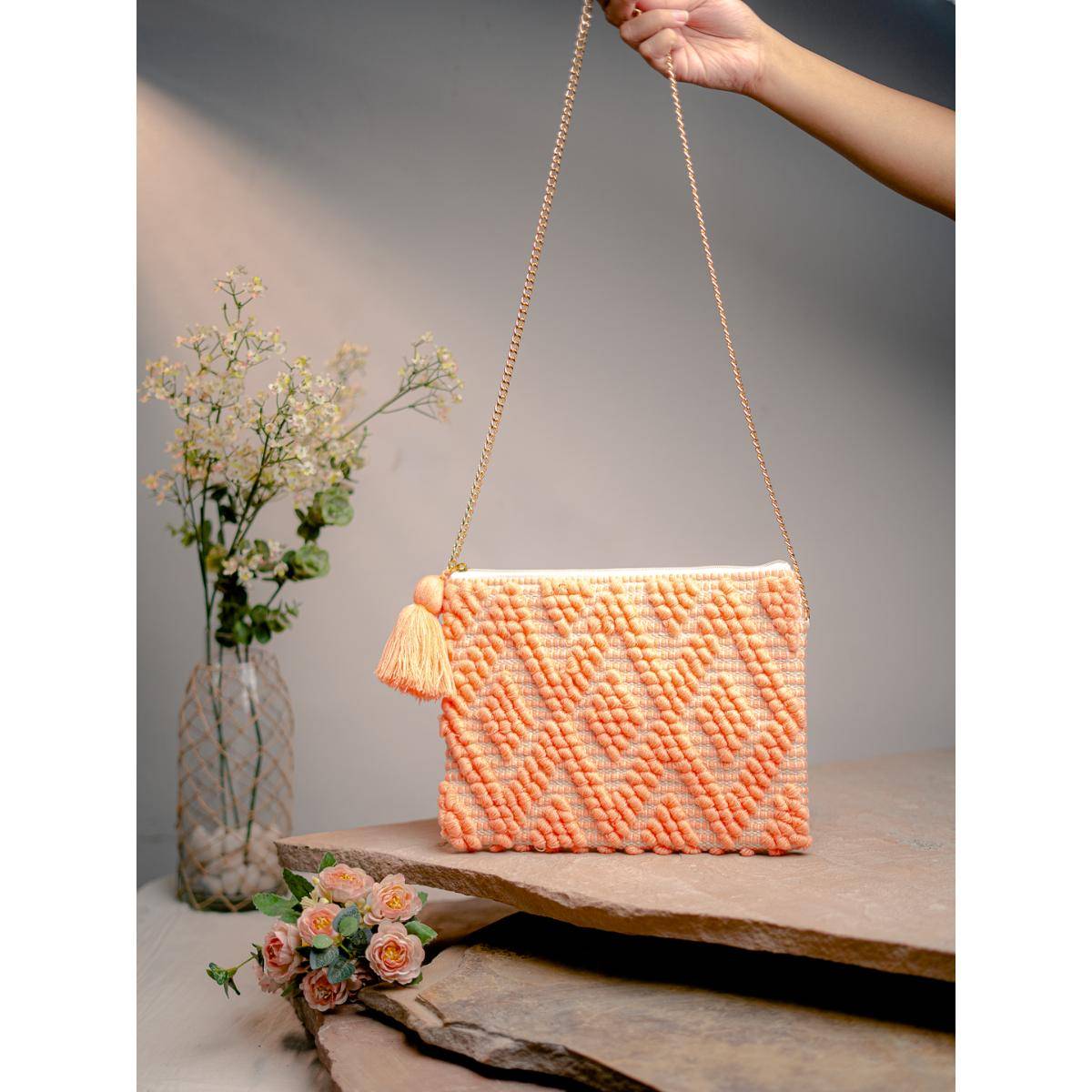 NR BY NIDHI RATHI Peach Embroidered Casual Envelope Sling Bag