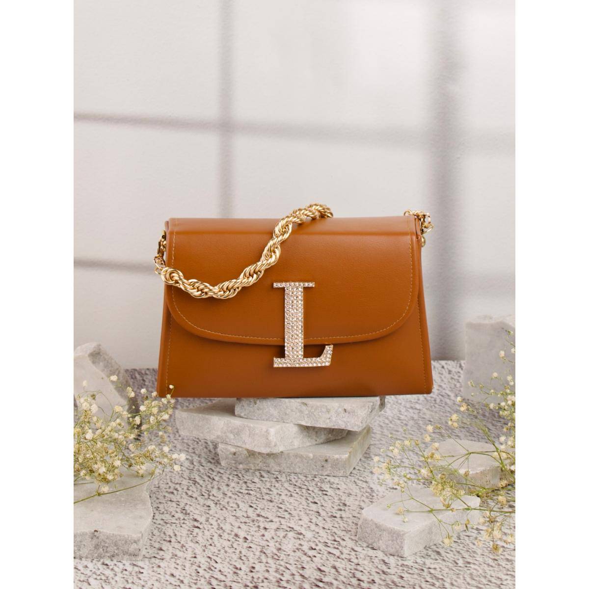 NR BY NIDHI RATHI Tan L Alphabet Initial Embellished Flap Clutch Bag with Detachable Strap