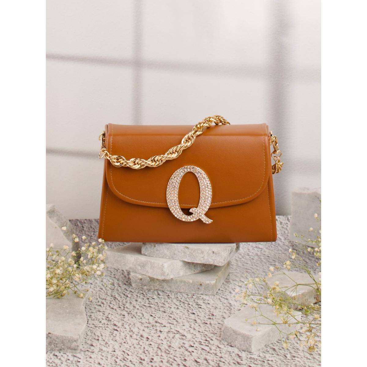 NR BY NIDHI RATHI Tan Q Alphabet Initial Embellished Flap Clutch Bag with Detachable Strap