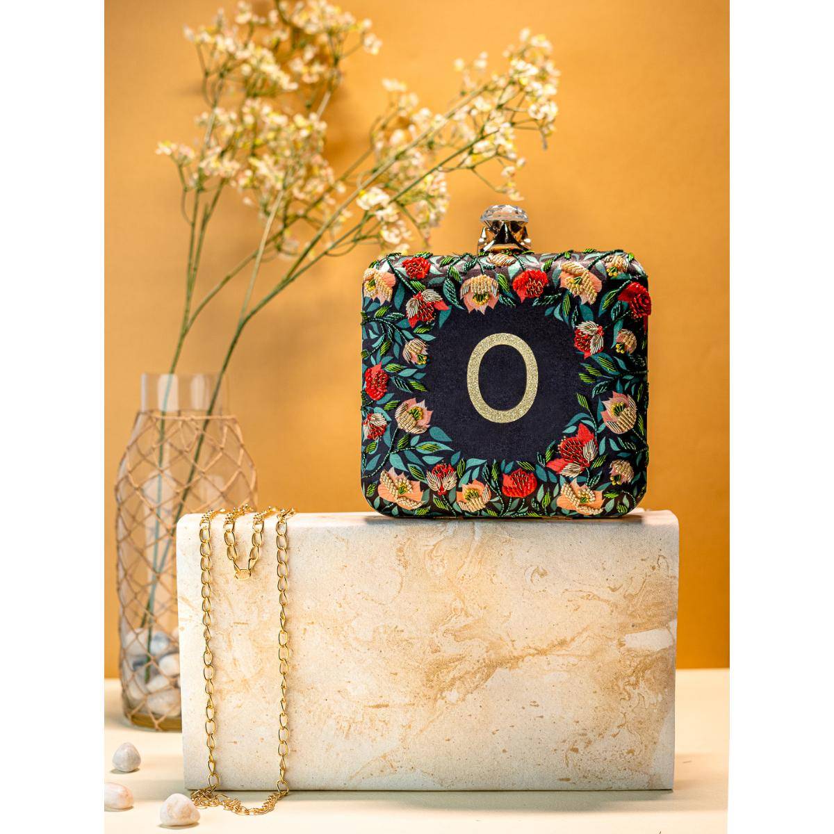 NR BY NIDHI RATHI Black/Green O Alphabet Initial Embellished Embroidered Box Clutch with Detachable Chain