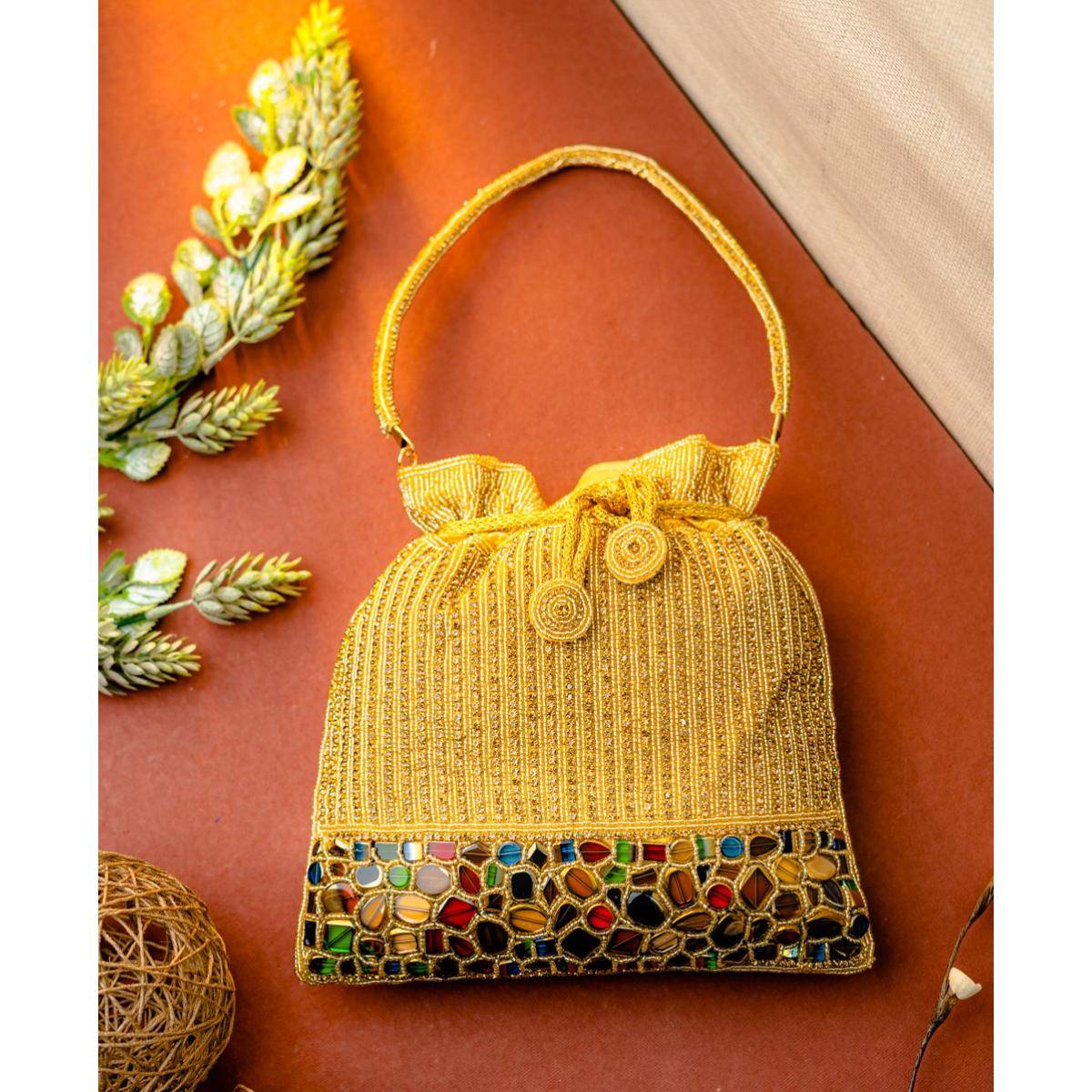 NR BY NIDHI RATHI Gold-Toned Blue Embellished Potli Bag with Detachable Strap
