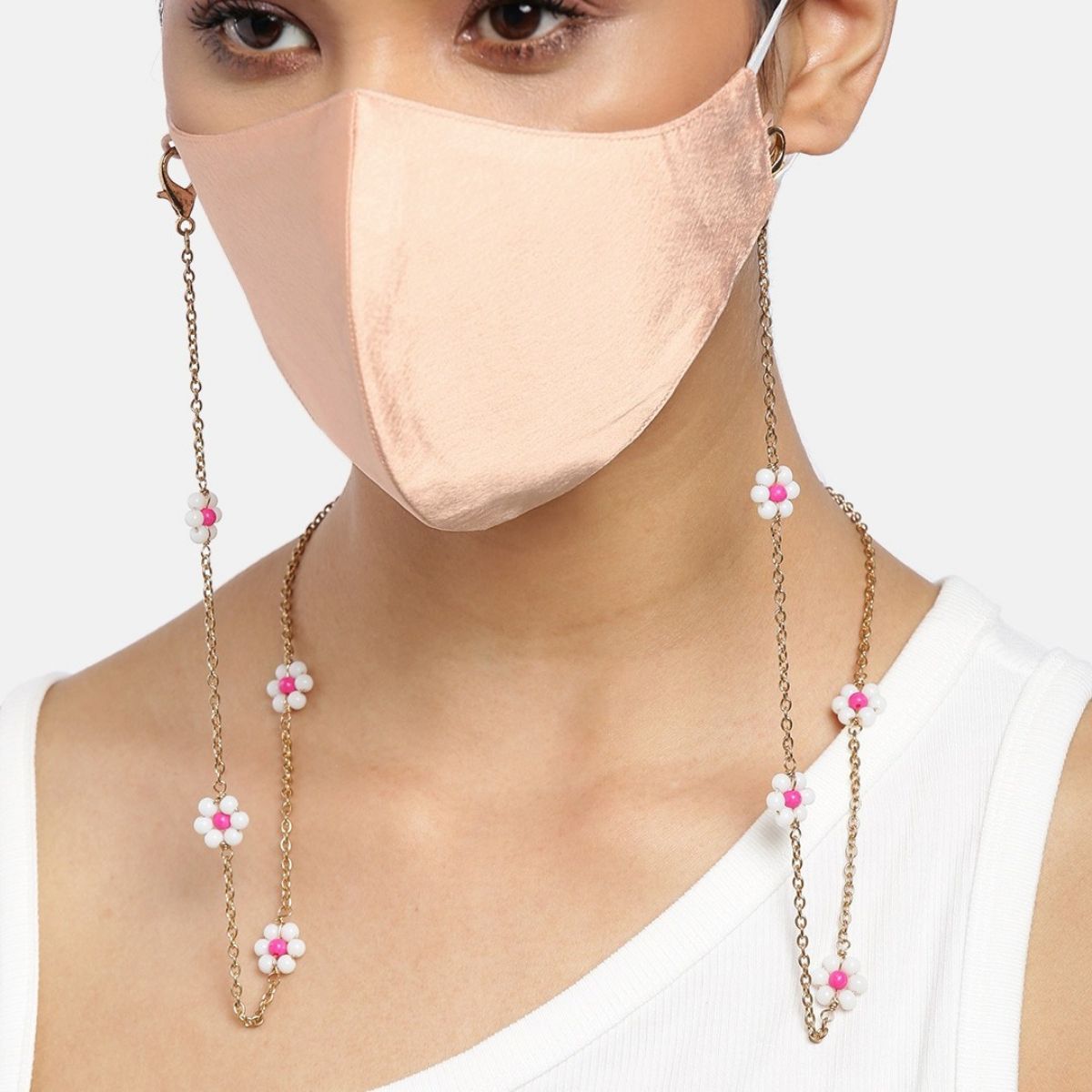 Blueberry Baby Pink Reusable 2-Ply Satin Face Mask With Gold Plated Chain