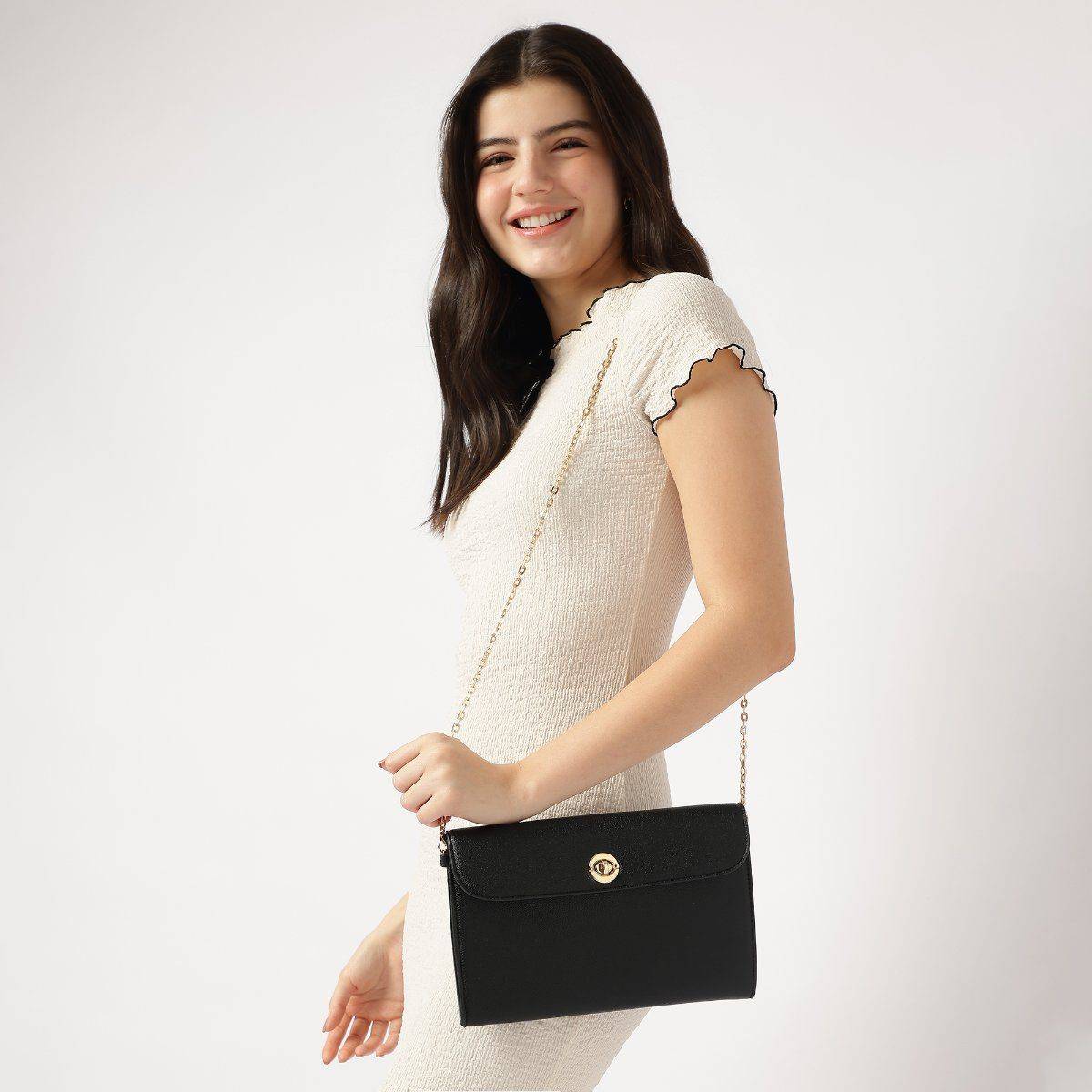 Fastrack Black Textured Chain Reaction Slingbag with Detachable Chain Strap