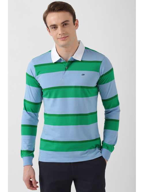 Peter England Men's Blue Stripe Collar Neck Polo T-Shirt