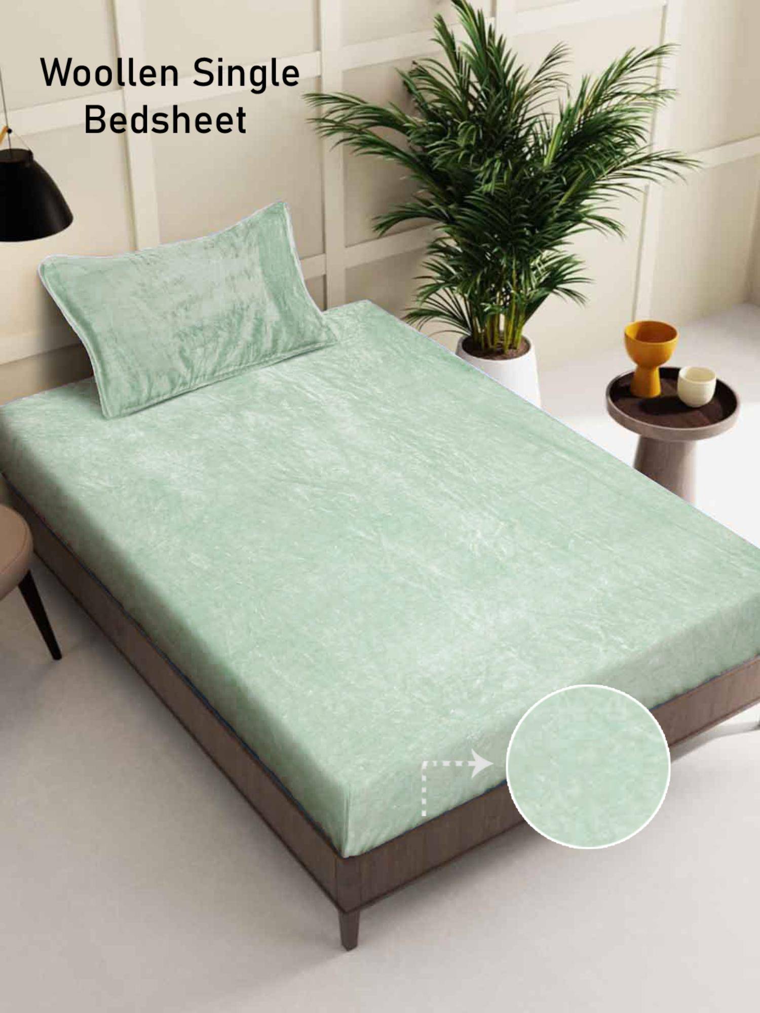 FABINALIV Green Solid Wollen Single Bedsheet with Pillow Cover (Pack of 2) (Single)