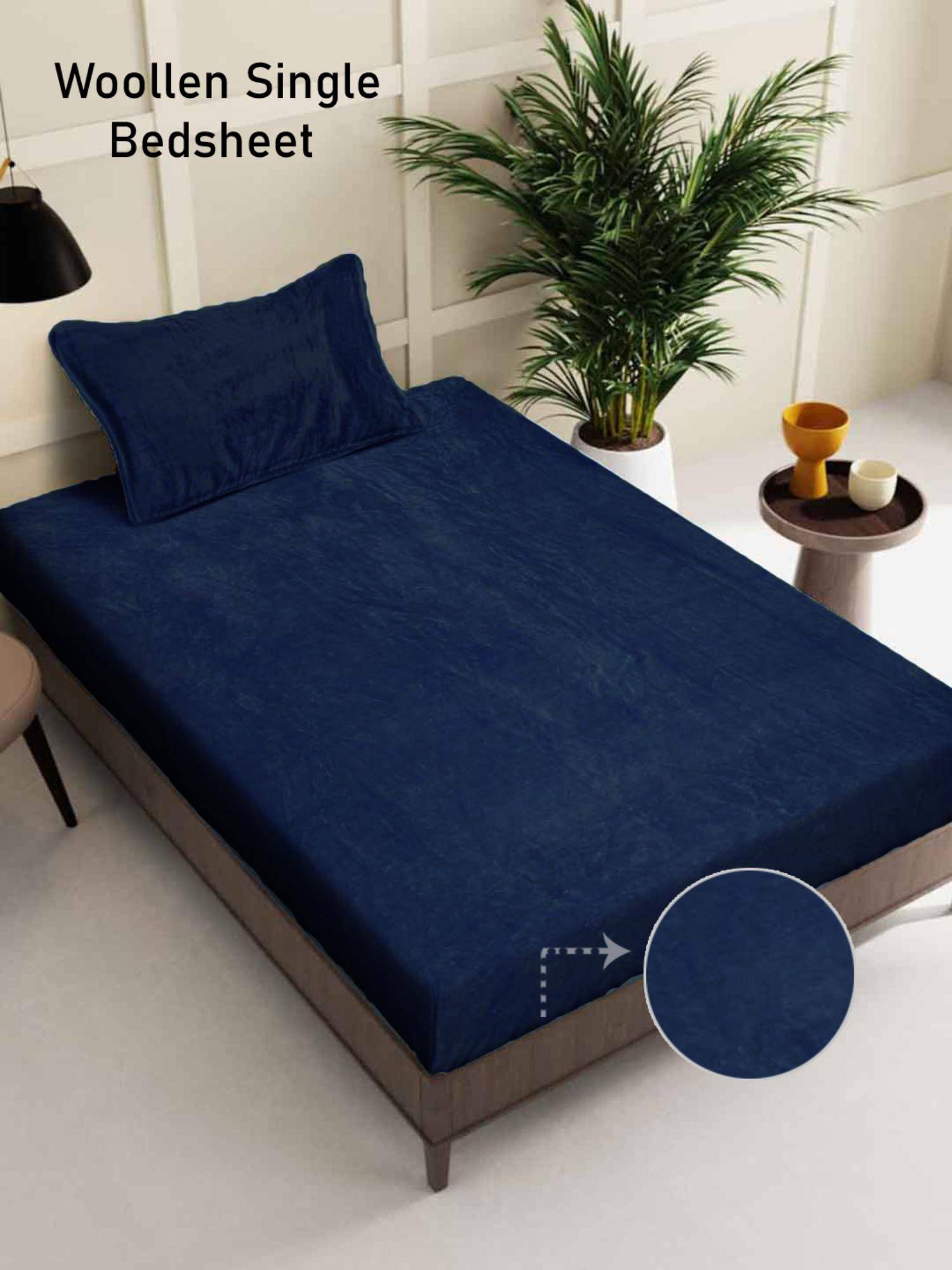 FABINALIV Navy Blue Solid Wollen Single Bedsheet with Pillow Cover (Pack of 2) (Single)