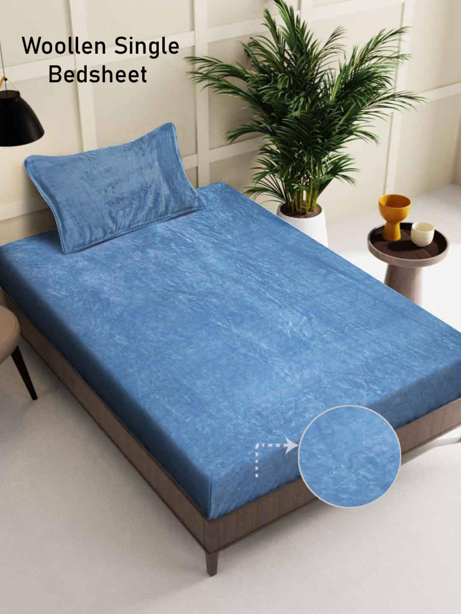 FABINALIV Blue Solid Wollen Single Bedsheet with Pillow Cover