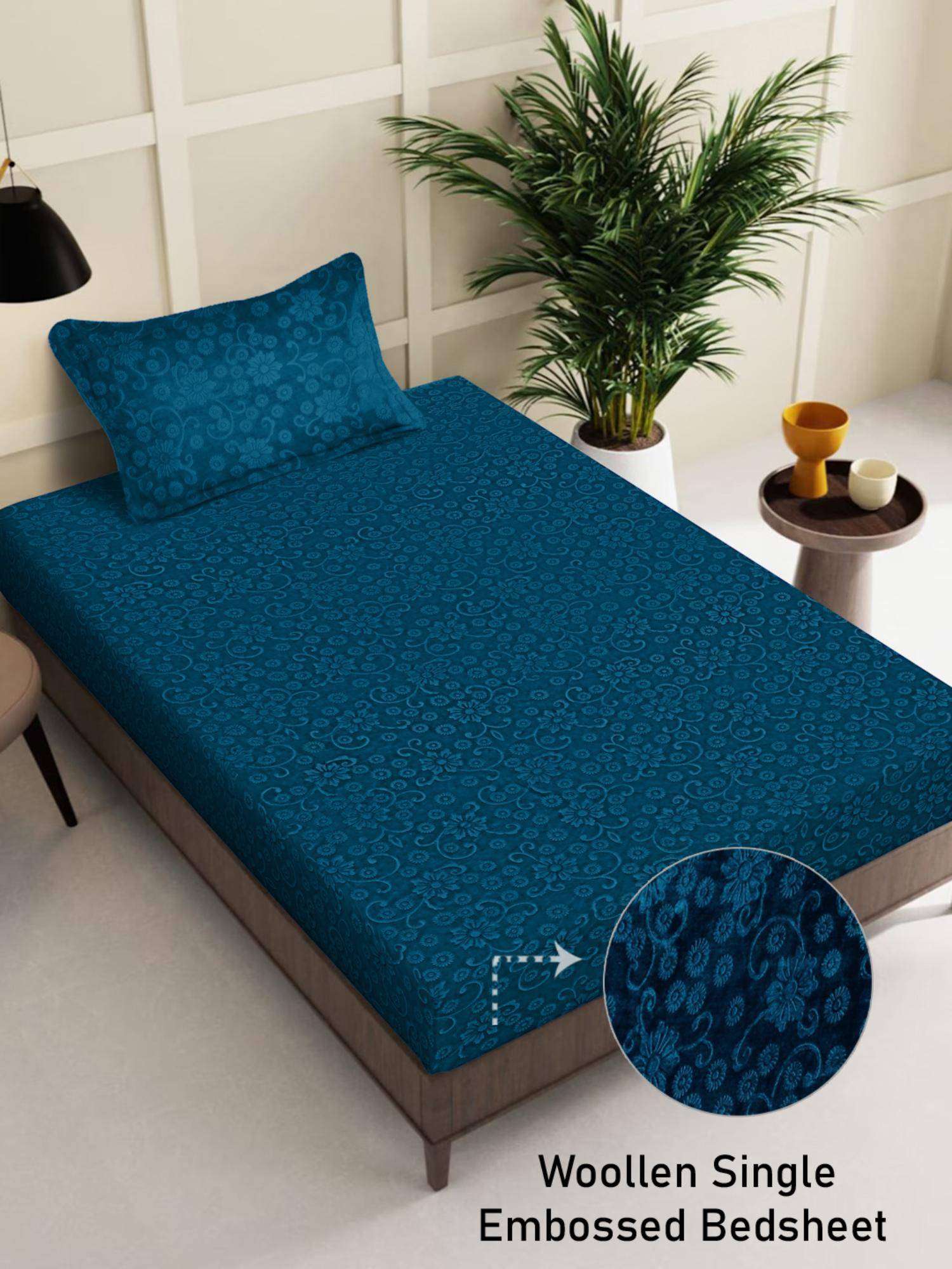 FABINALIV Blue Floral Wollen Single Bedsheet with Pillow Cover (Pack of 2) (Single)