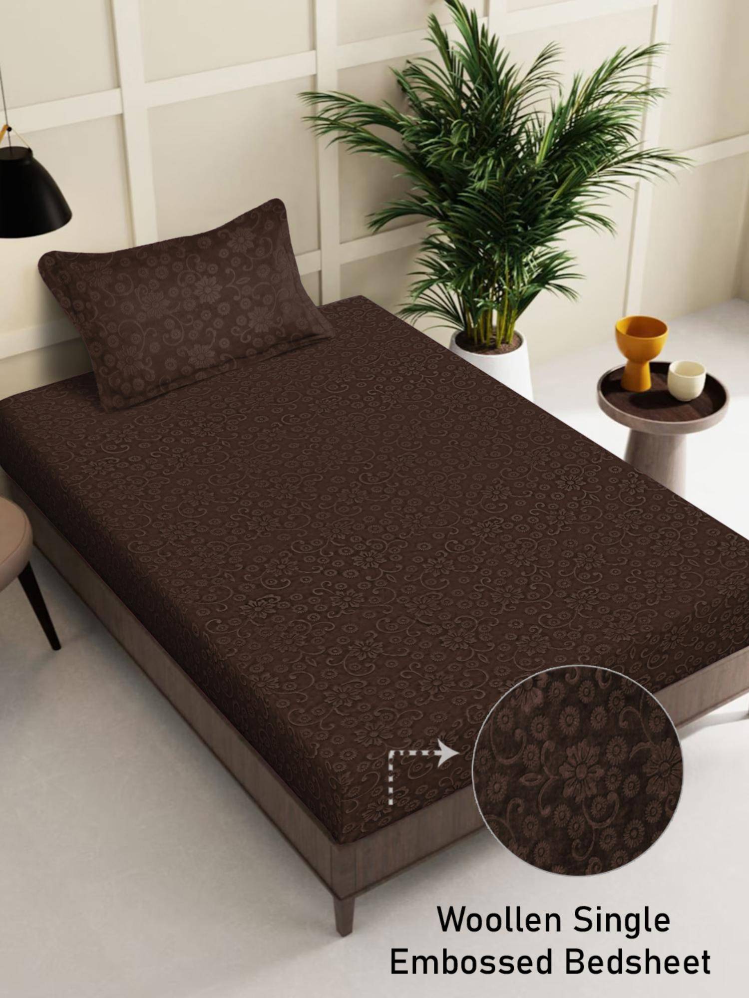 FABINALIV Brown Floral Wollen Single Bedsheet with Pillow Cover (Pack of 2) (Single)