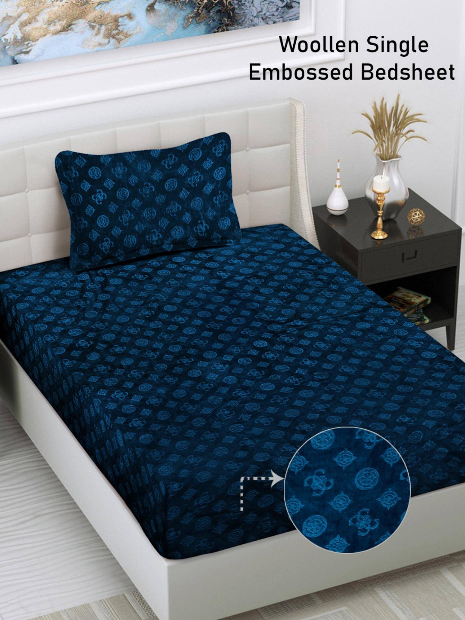 FABINALIV Blue Geometric Wollen Single Bedsheet with Pillow Cover (Pack of 2) (Single)