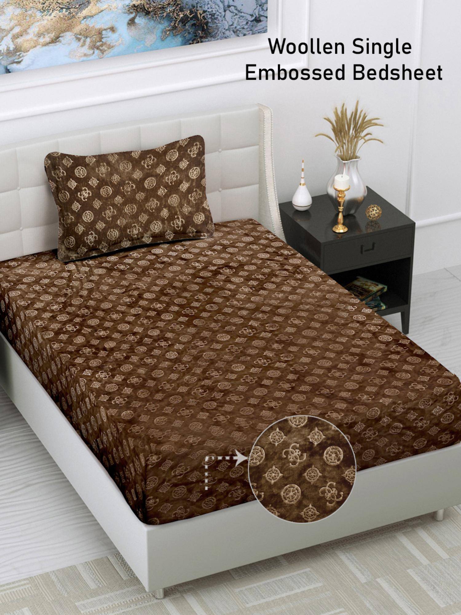 FABINALIV Brown Geometric Wollen Single Bedsheet with Pillow Cover (Pack of 2) (Single)