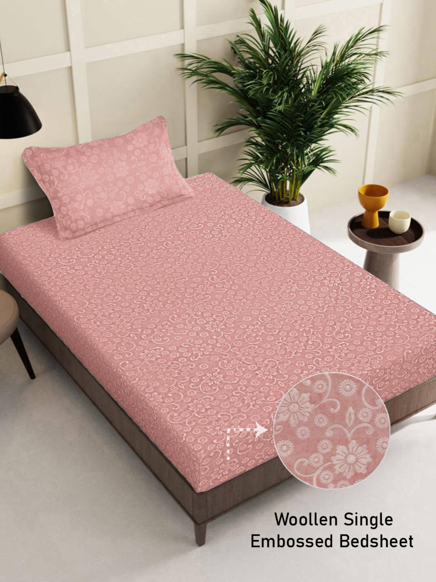 FABINALIV Peach Floral Wollen Single Bedsheet with Pillow Cover (Pack of 2) (Single)