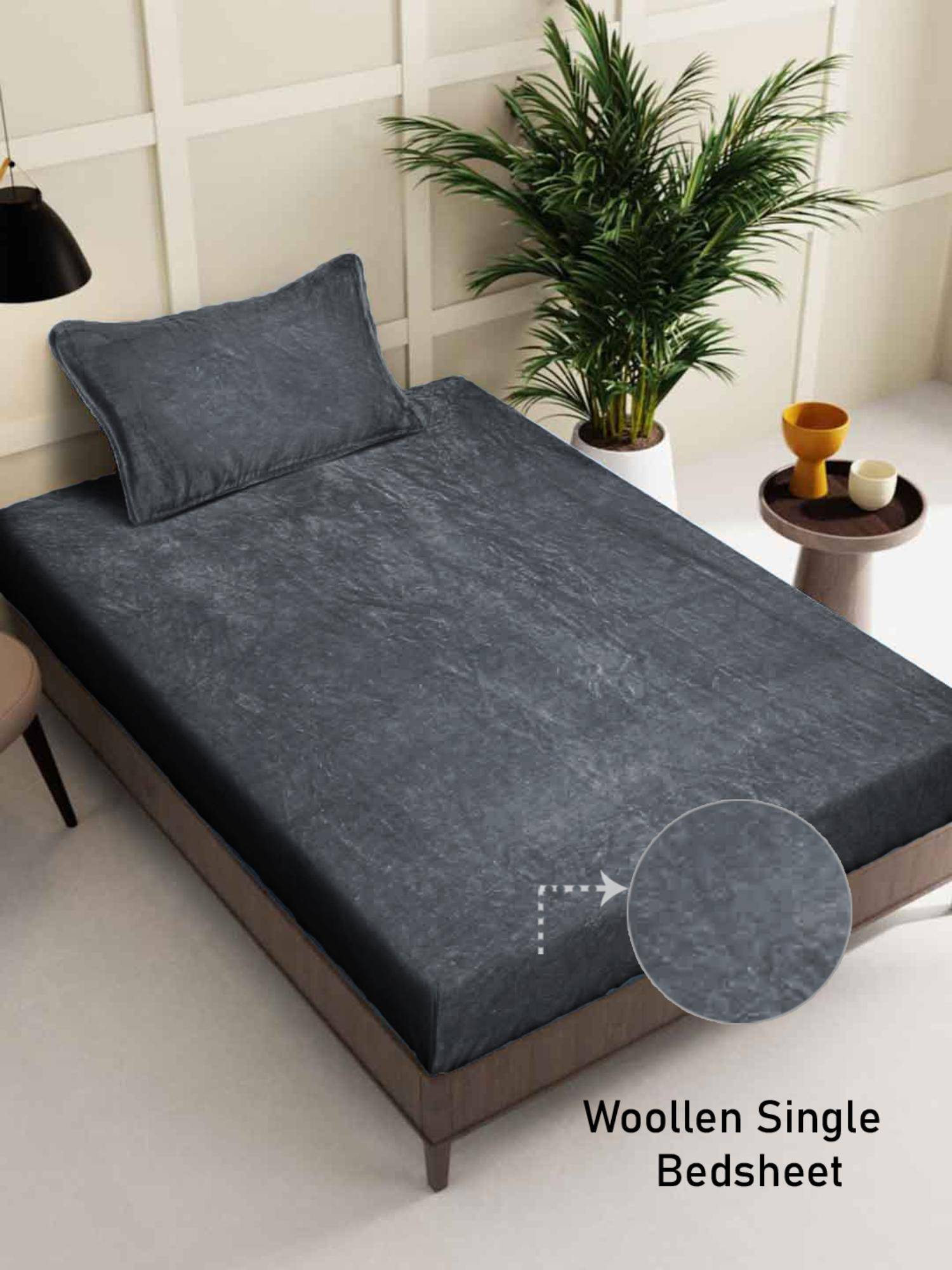 FABINALIV Grey Solid Wollen Single Bedsheet with Pillow Cover (Pack of 2) (Single)