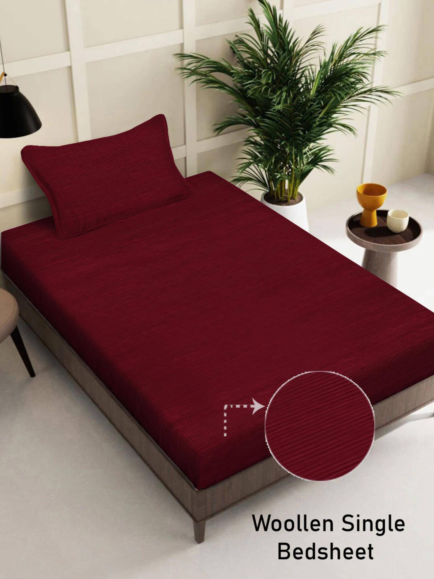 FABINALIV Red Solid Wollen Single Bedsheet with Pillow Cover (Pack of 2) (Single)
