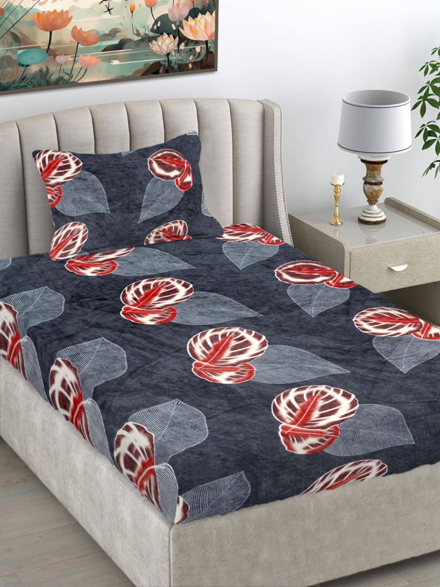 FABINALIV Grey Floral Wollen Single Bedsheet with Pillow Cover (Pack of 2) (Single)