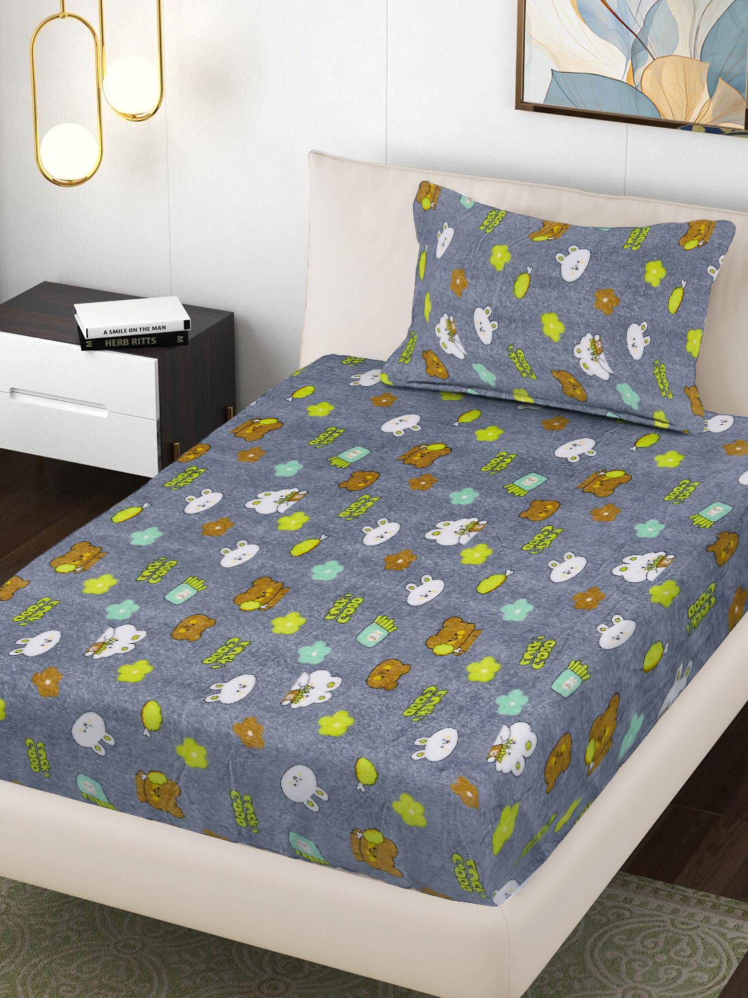 FABINALIV Grey Graphic Wollen Single Bedsheet with Pillow Cover (Pack of 2) (Single)