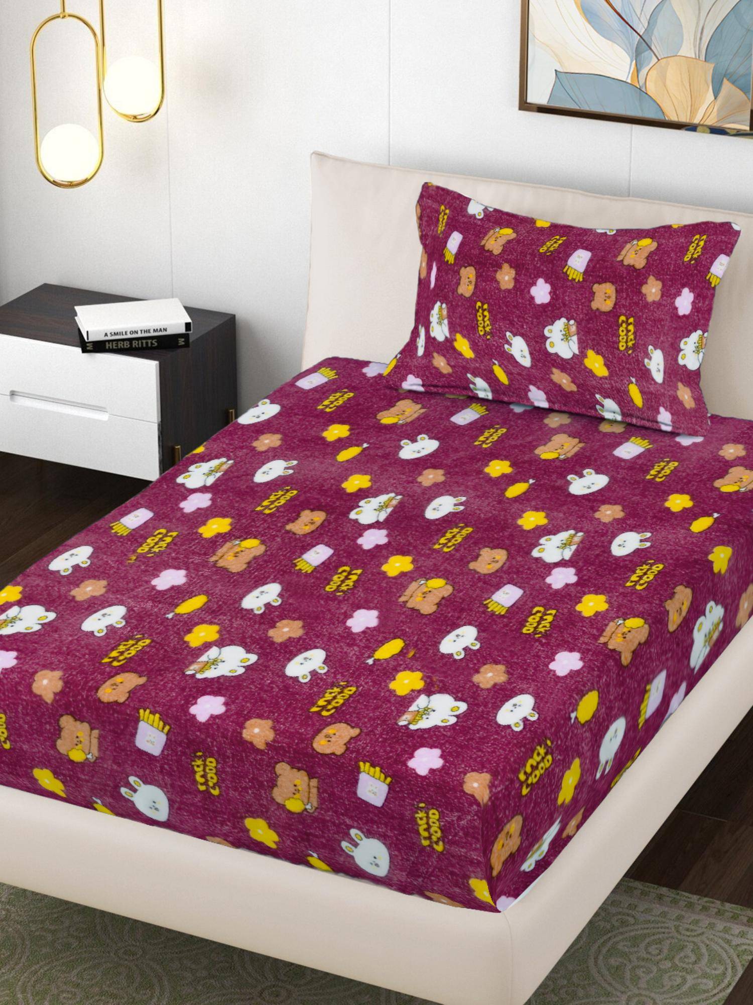 FABINALIV Red Graphic Wollen Single Bedsheet with Pillow Cover (Pack of 2) (Single)