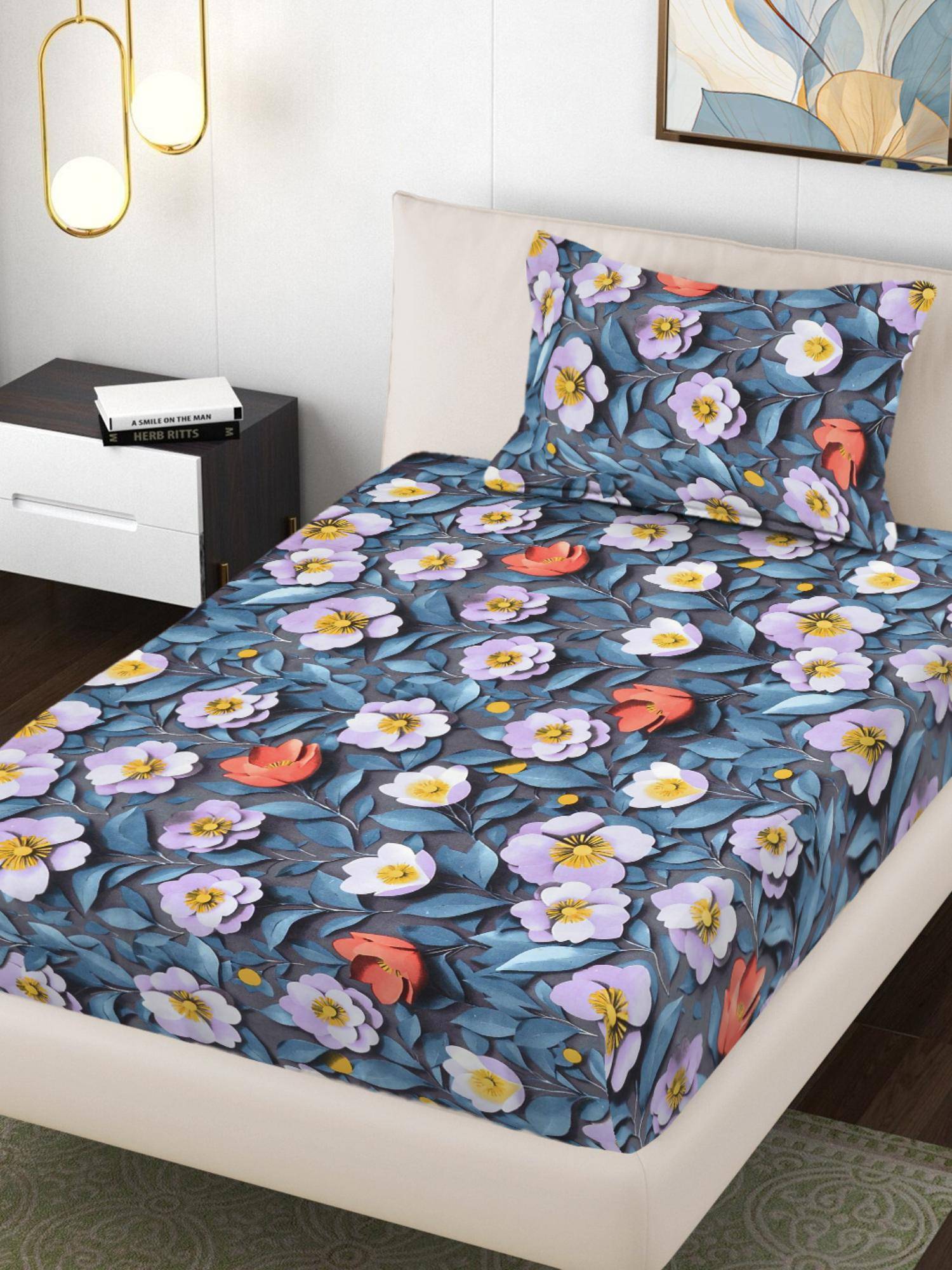 FABINALIV Blue Floral 300 Tc Cotton Blend 7D Single Bedsheet with Pillow Cover