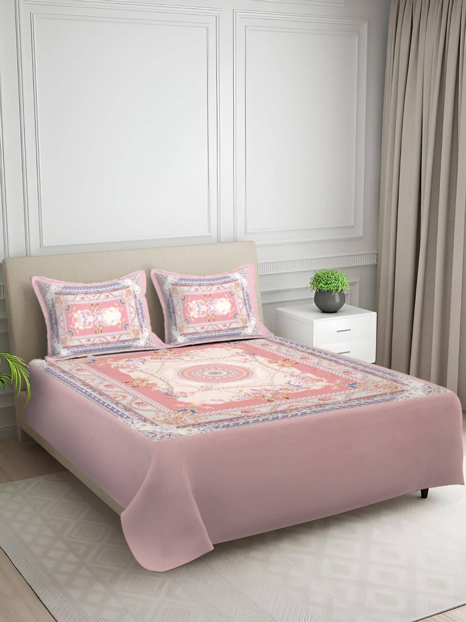 Signature Pink Abstract Digital Print Super Soft King Size Bedsheet with 2 Pillow Covers