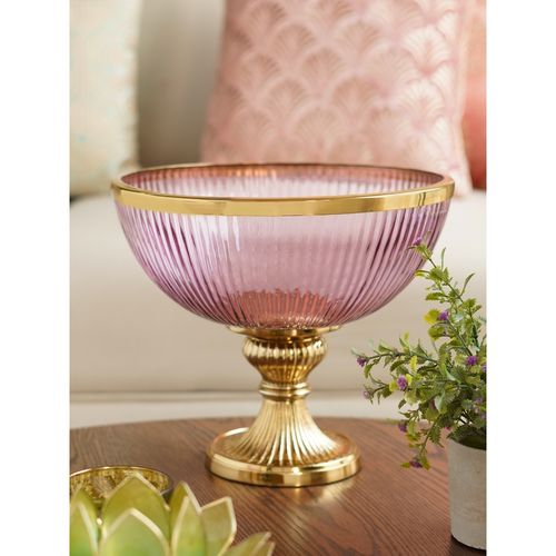 Pure Home Living Pink Ribbed Decorative Glass Bowl with Stand Large