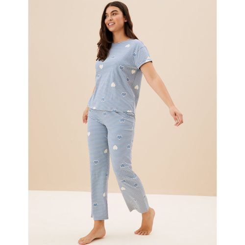 Marks Spencer Pure Cotton Striped Heart Print Pyjama Blue (Set of 2) (S)
