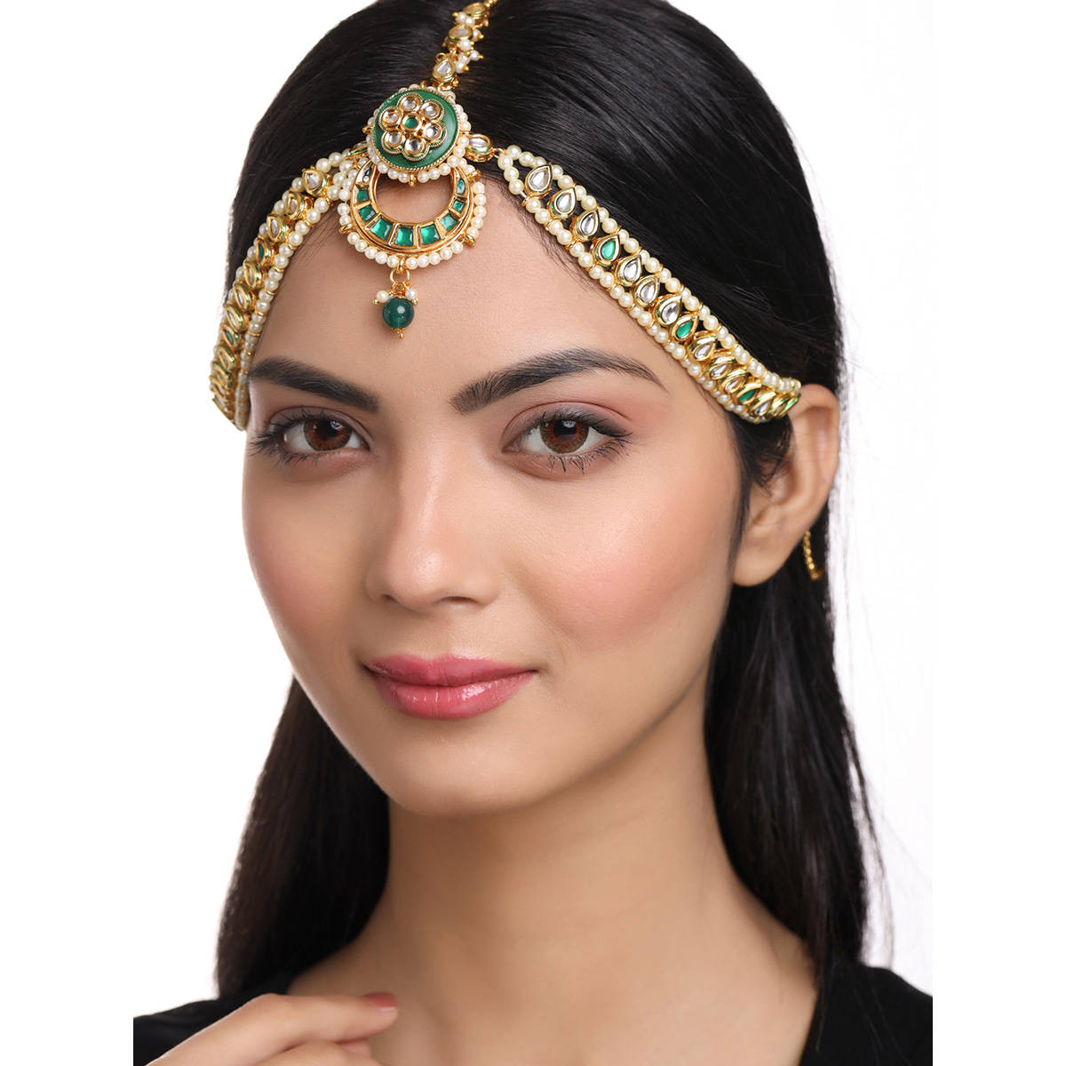 VIRAASI Ethnic Traditional Green Gold Kundan & Pearl Bridal Mathapatti For Women