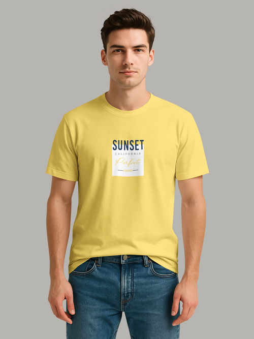 Buy BULLMER Yellow Trendy Printed Round Neck Half Sleeve T-shirt - Main Image