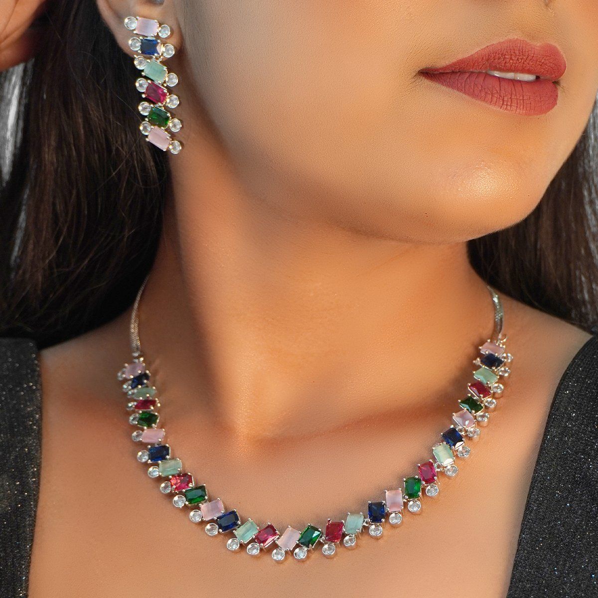 Unique Multi Color Stones Necklace - South India Jewels
