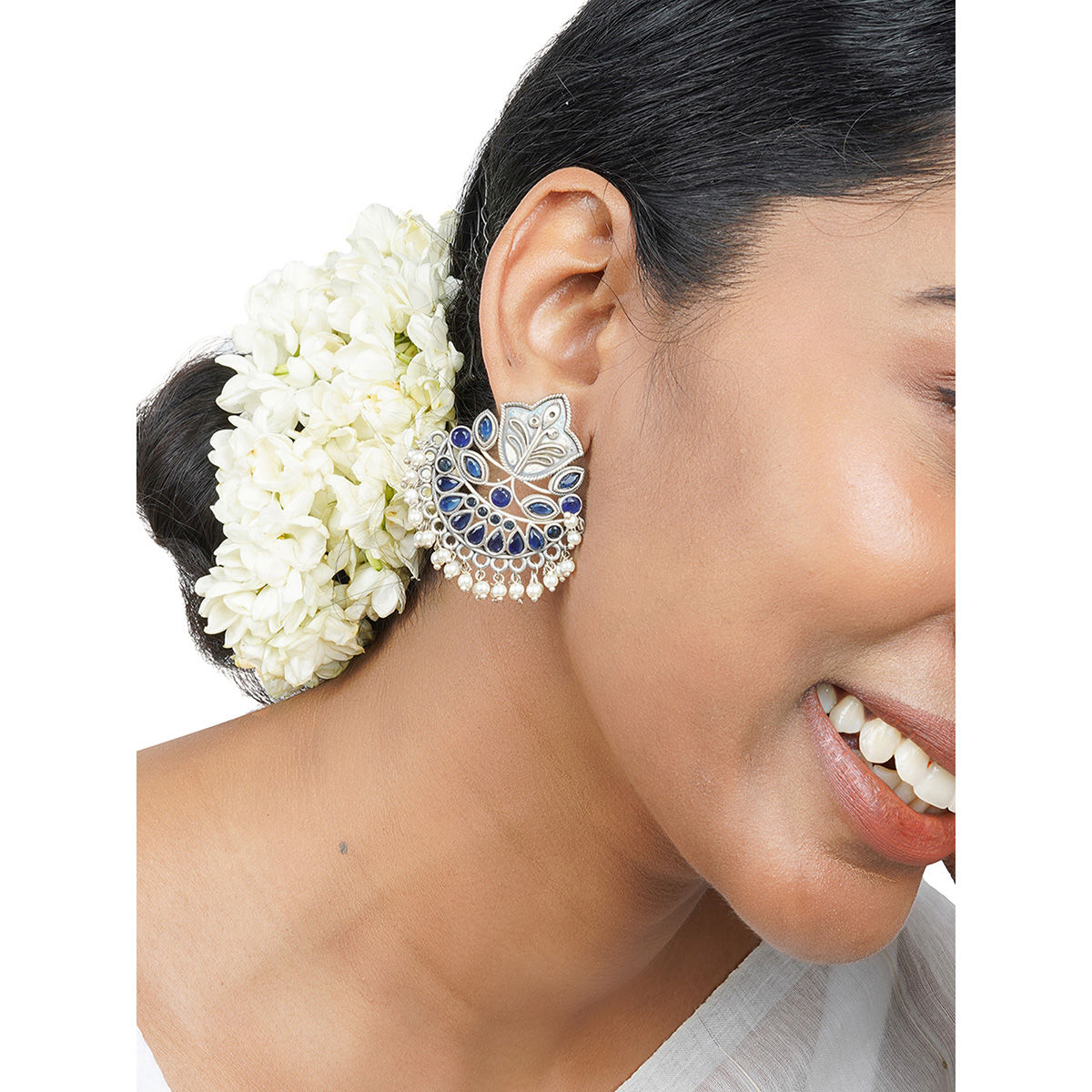 Flower Design Silver Sunflower Jhumka earrings for Girls and Women Blue  Color