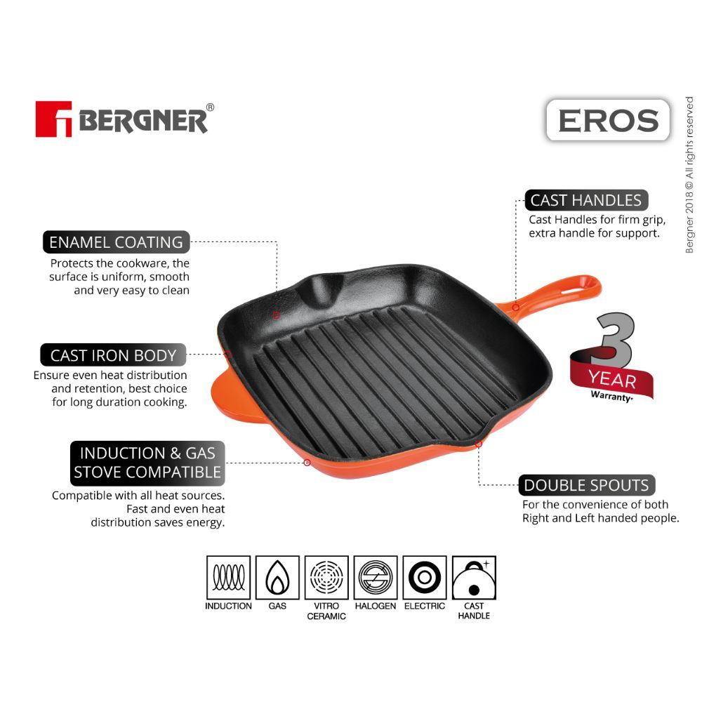 Bergner Eros Cast Iron Grill Pan, 28 Cm, Induction Base, Orange Buy