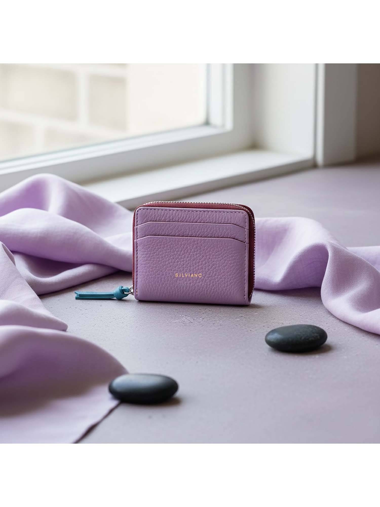 SILVIANO Lavender Genuine Leather Zip Round Wallet Rfid Gift Box Included 4 Card Slots