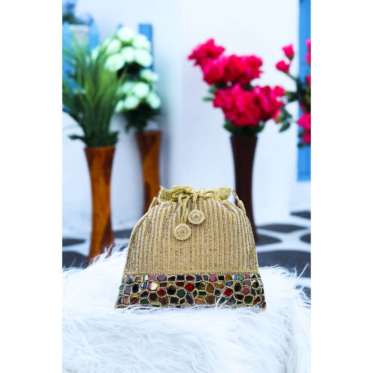 NR BY NIDHI RATHI Gold-Toned & Blue Embroidered Potli Clutch