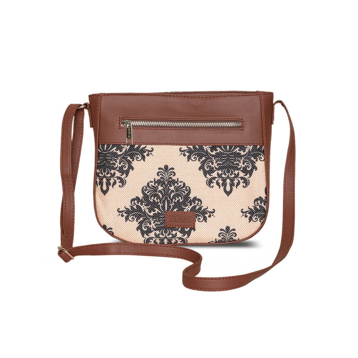 Zouk Women Handcrafted Mughal Motif Printed U Shaped Sling Bag-Cream