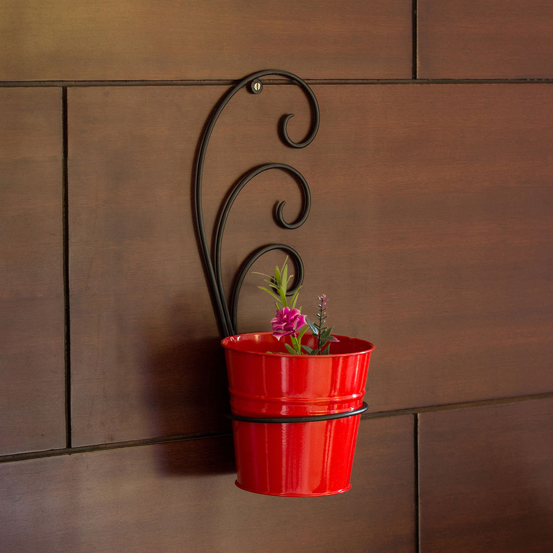 ExclusiveLane The Red Bucket' Wall Planter Pot With Curved Holder In