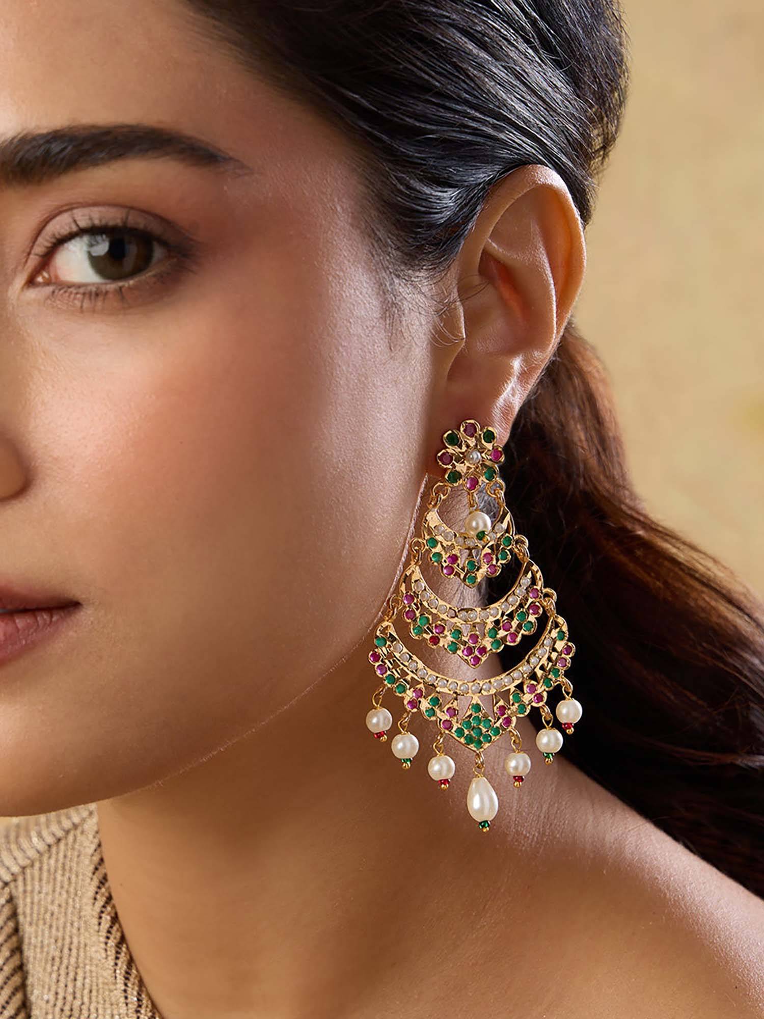 Indinoor Jadau Roz Chandbali Earrings