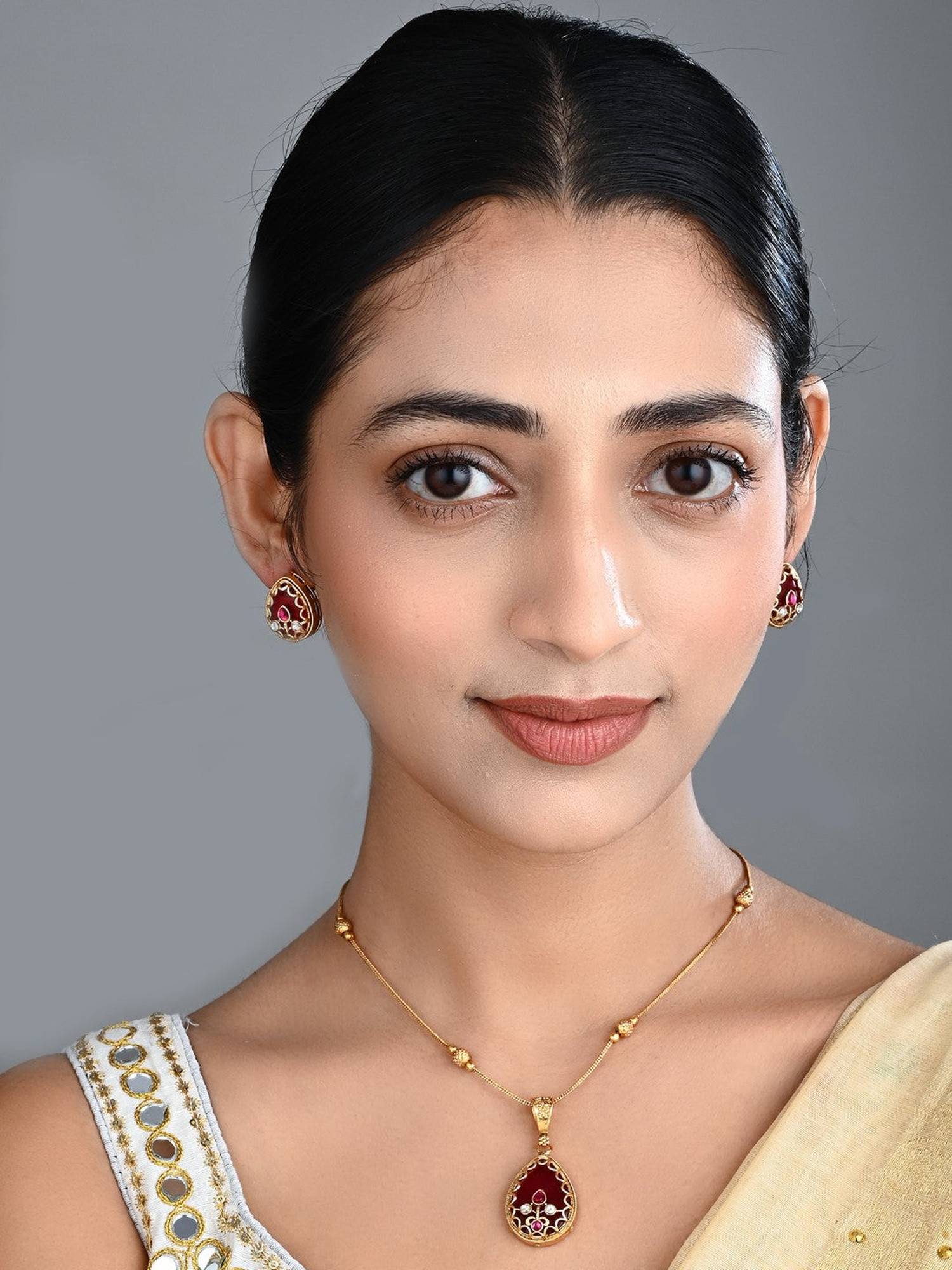 Anvik Tear Drop Stone Kundan Red Pendant Necklace and Stud Earrings Set