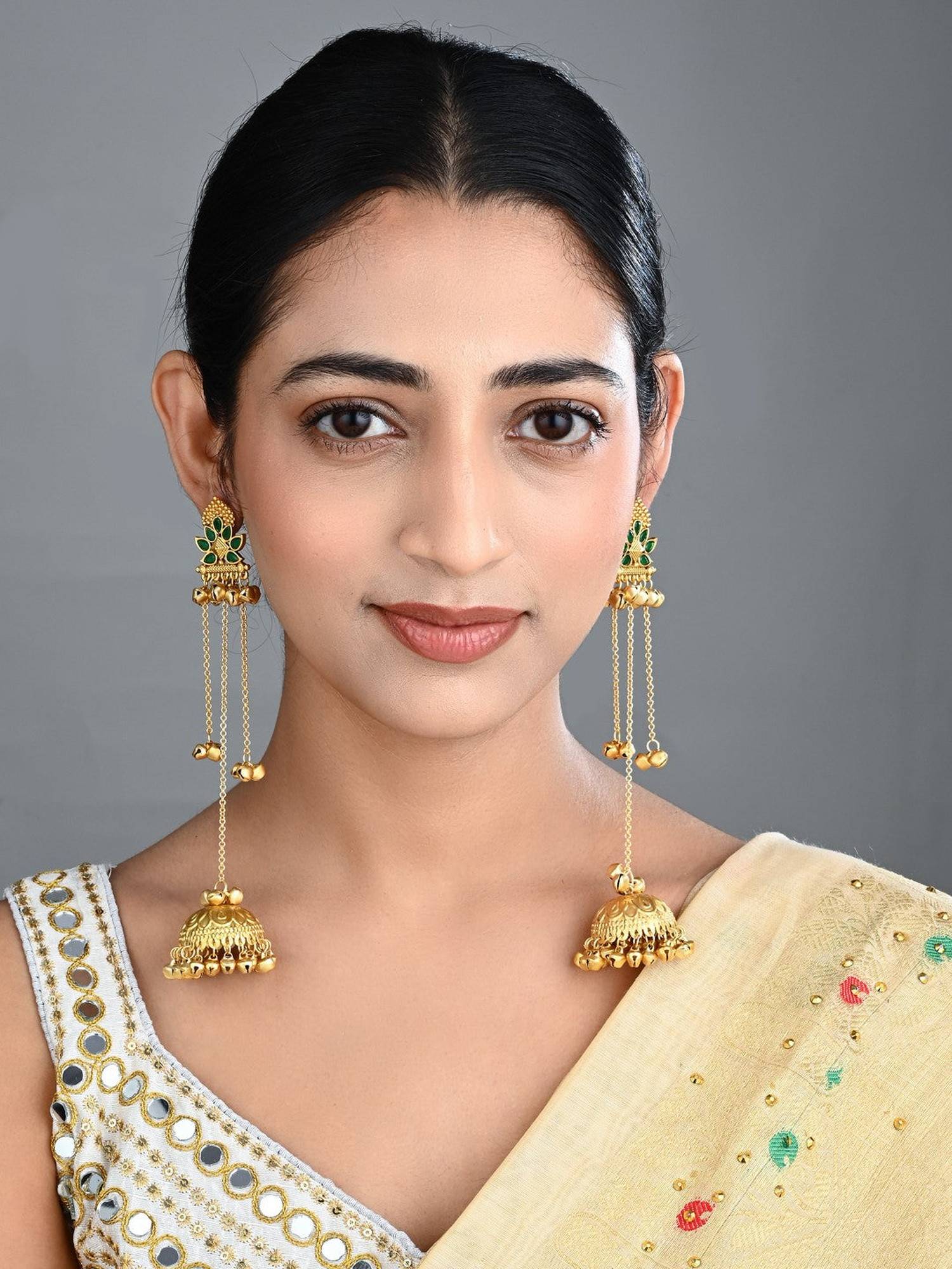 Anvik Floral Jhumka Green Earrings with Ghungroo Chain Tassels