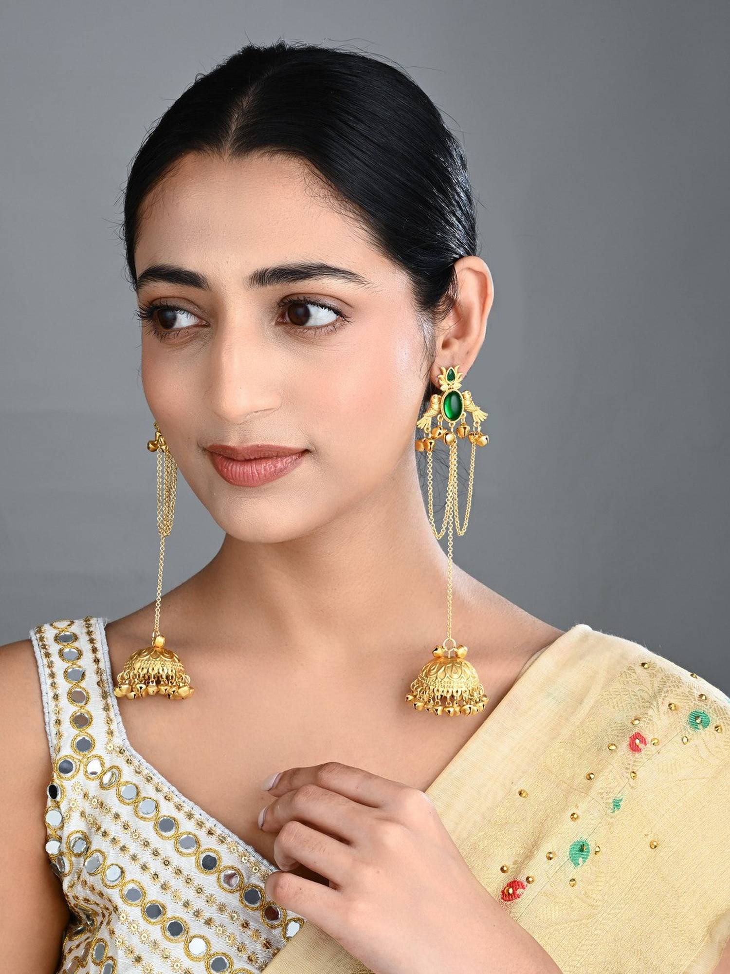 Anvik Emerald Green Temple Jhumka Earrings with Chain Tassels