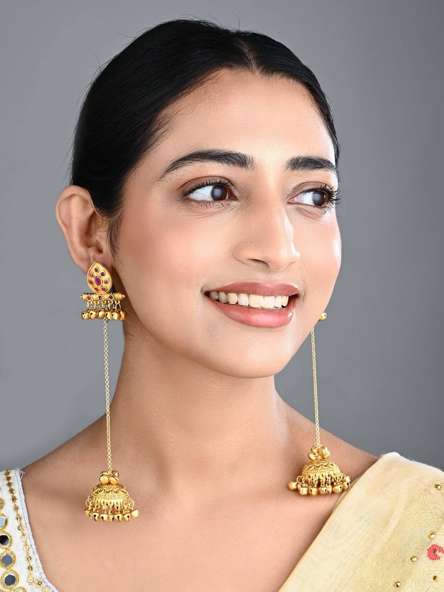 Anvik Ruby Temple Jhumka Earrings with Long Chain Tassels