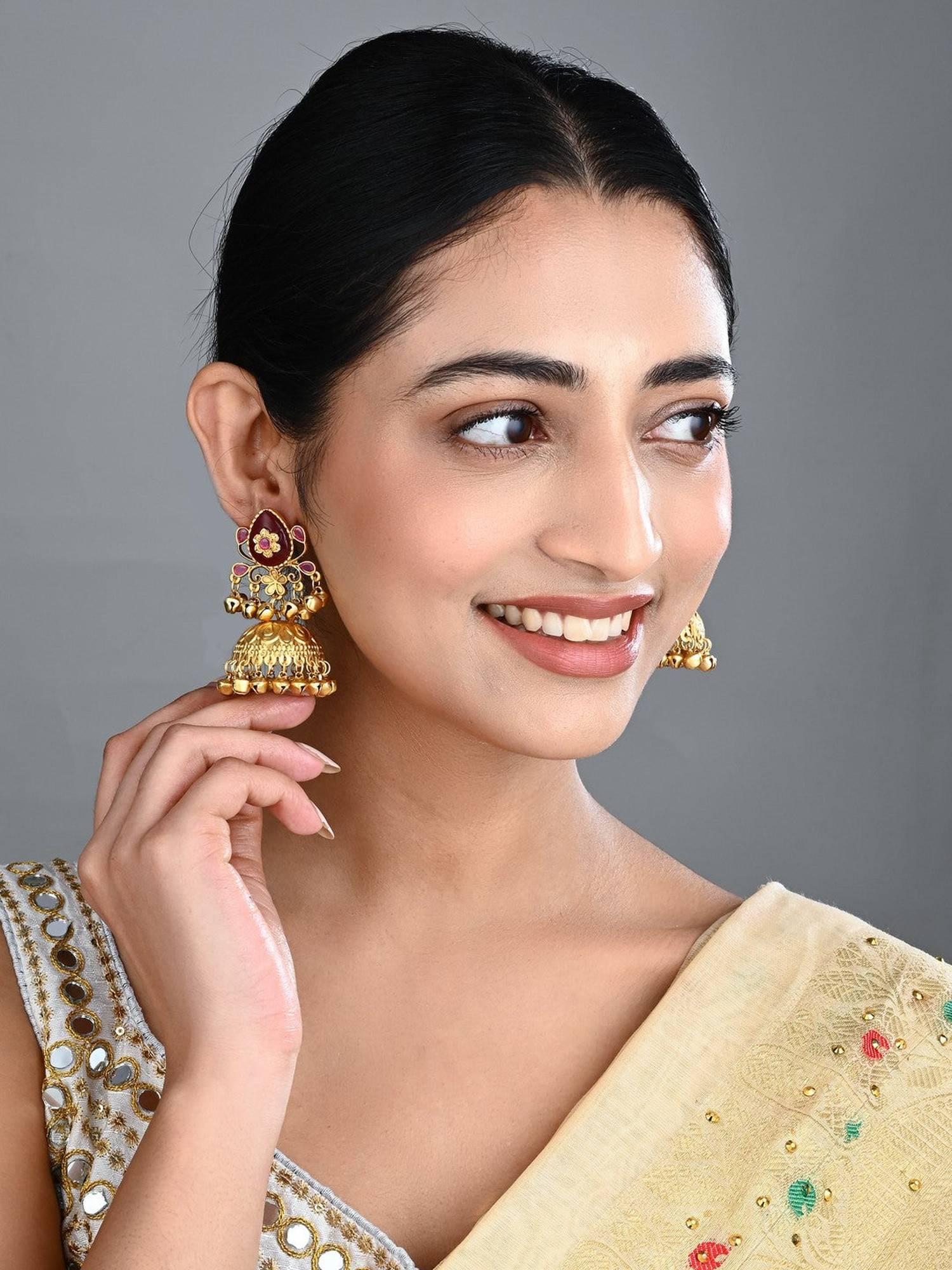 Anvik Ruby Temple Jhumka Earrings with Ghungroo Drops