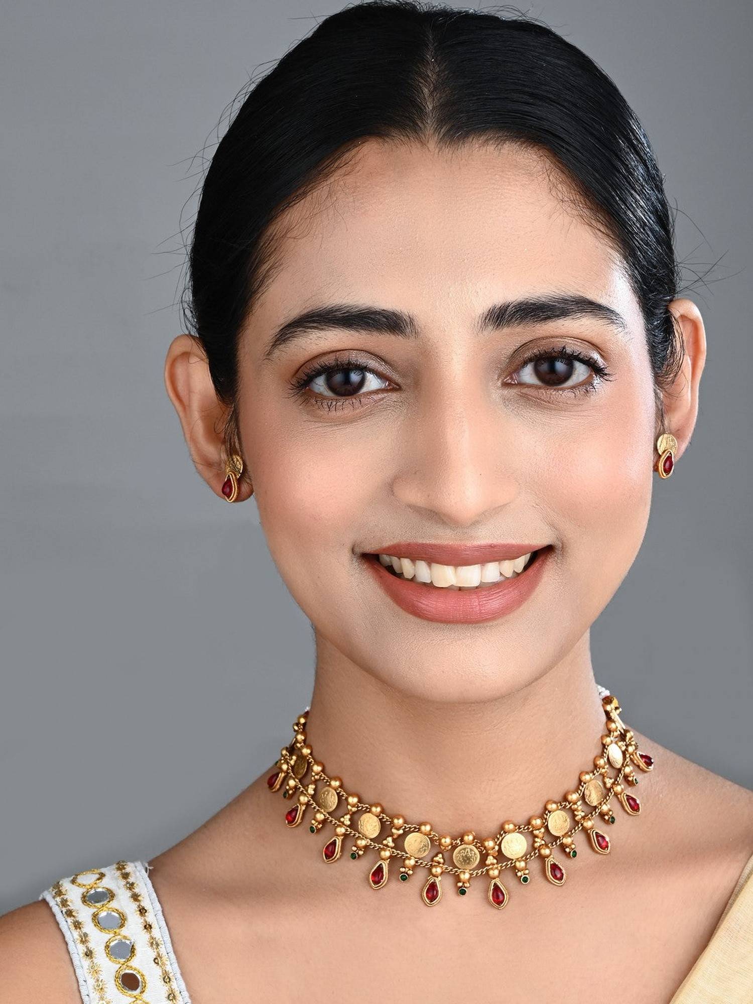 Anvik Antique Gold Red Kundan Floral Necklace Set with Bead Drops