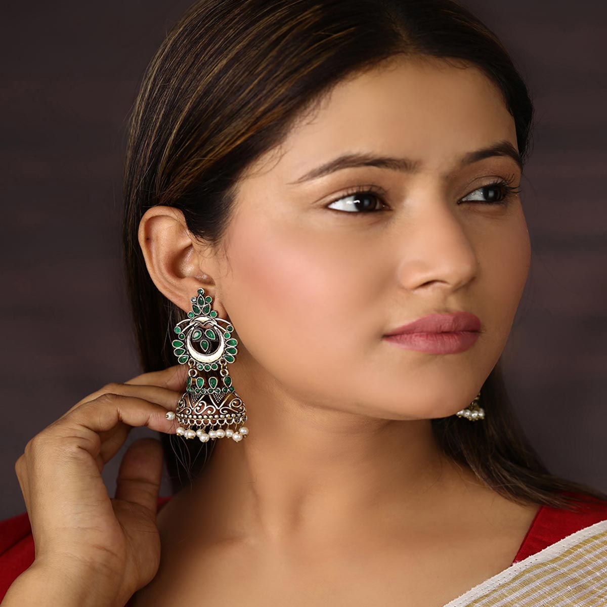 Priyaasi Antique Gold Plated Emerald Stone Studded Drop Earrings Buy