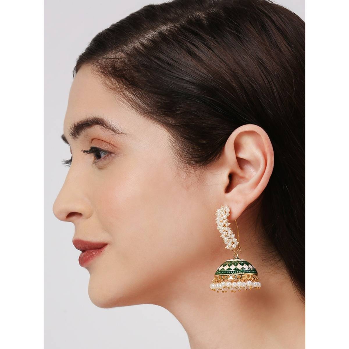 OOMPH Green and White Meenakari Enamel Pearls Large Ethnic Jhumka Earrings