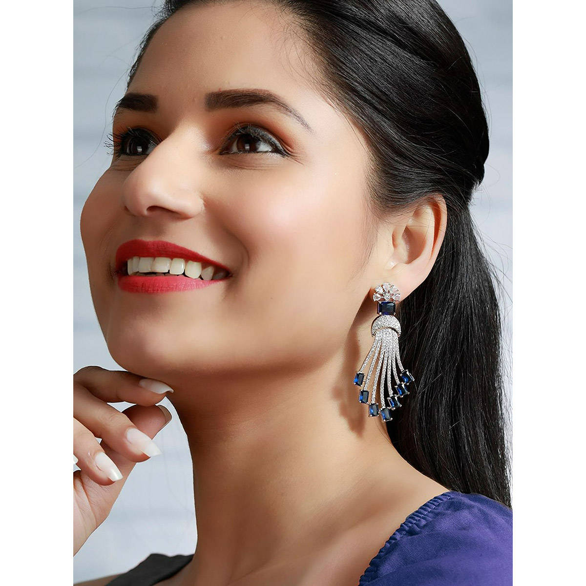 Priyaasi Contemporary Blue American Diamond Drop Earrings