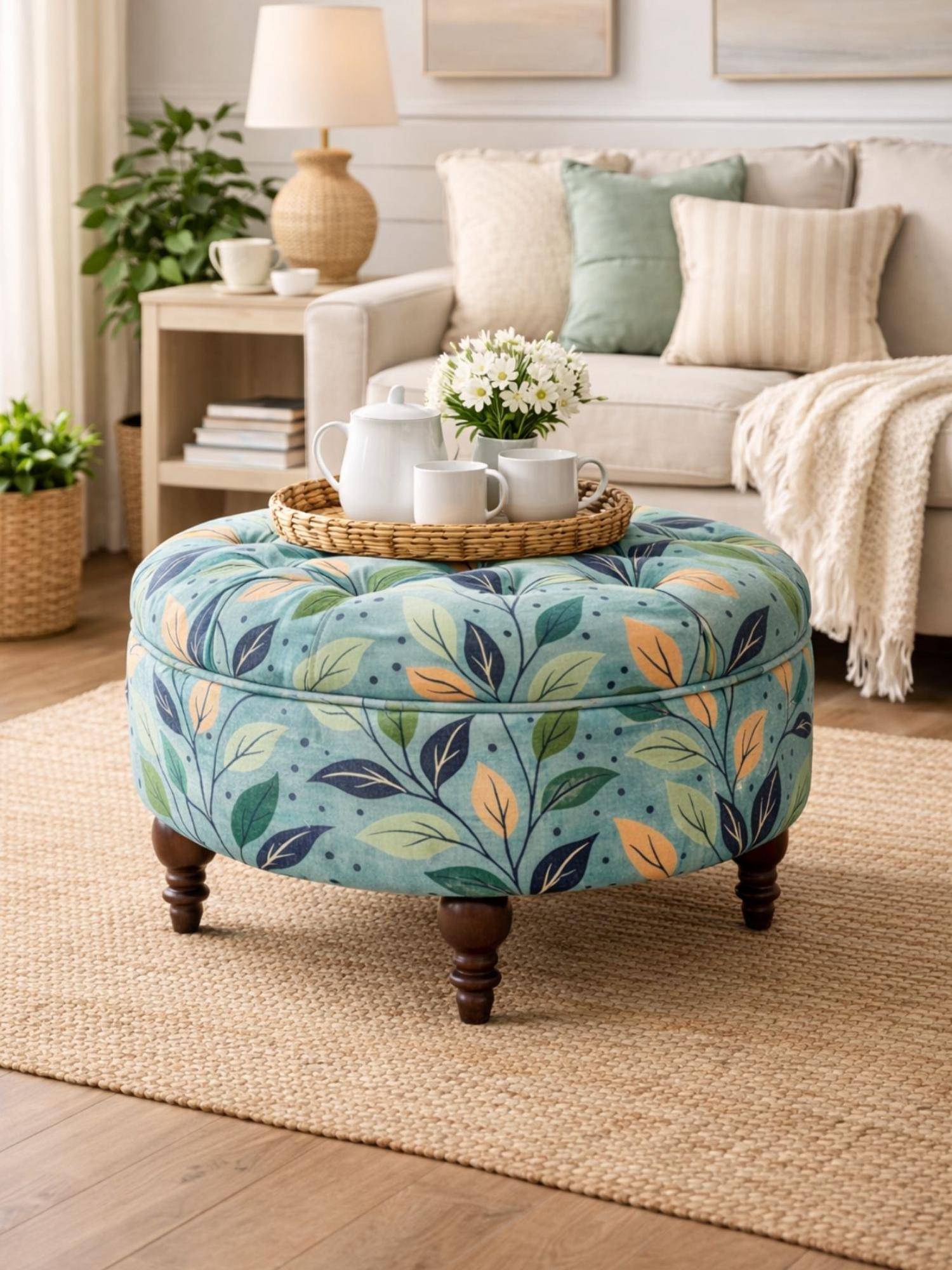 JABRIX Ayame Blue Floral Tufted Sagwan Wood Ottoman